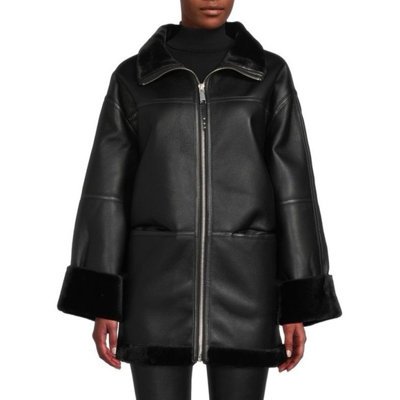 Rebecca Minkoff Oversized Vegan Shearling Trim Coat Faux Leather Size Large - Picture 1 of 5